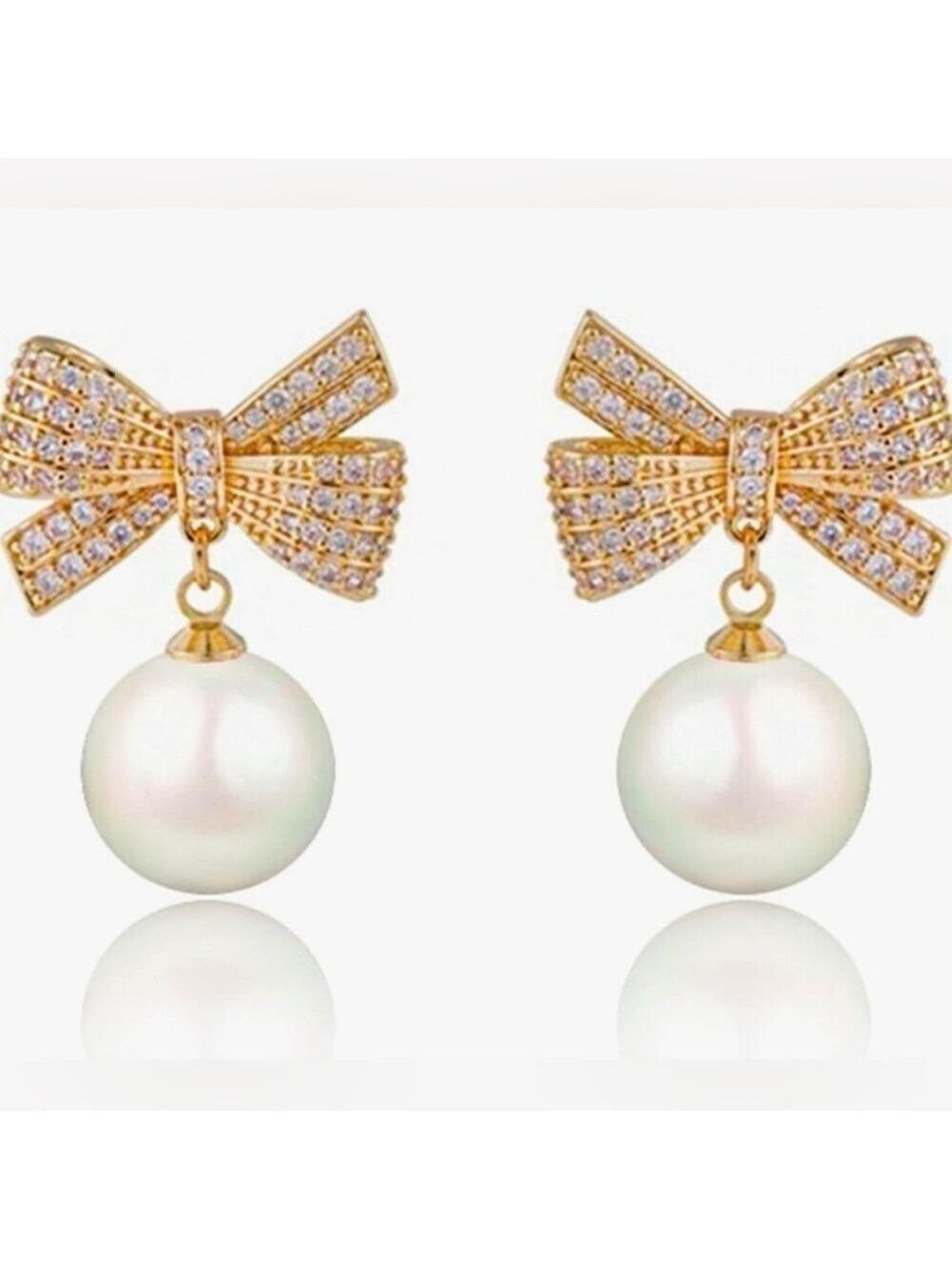 Gold Tone Bow Clear Crystals Pearl Drop Earrings Posts Dangle New